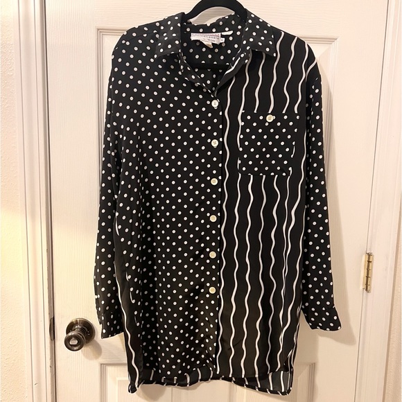 Tan Jau Tops - Vintage Tan Jau Long Sleeve Black and White Stripe and Polka Dot Blouse Size 10